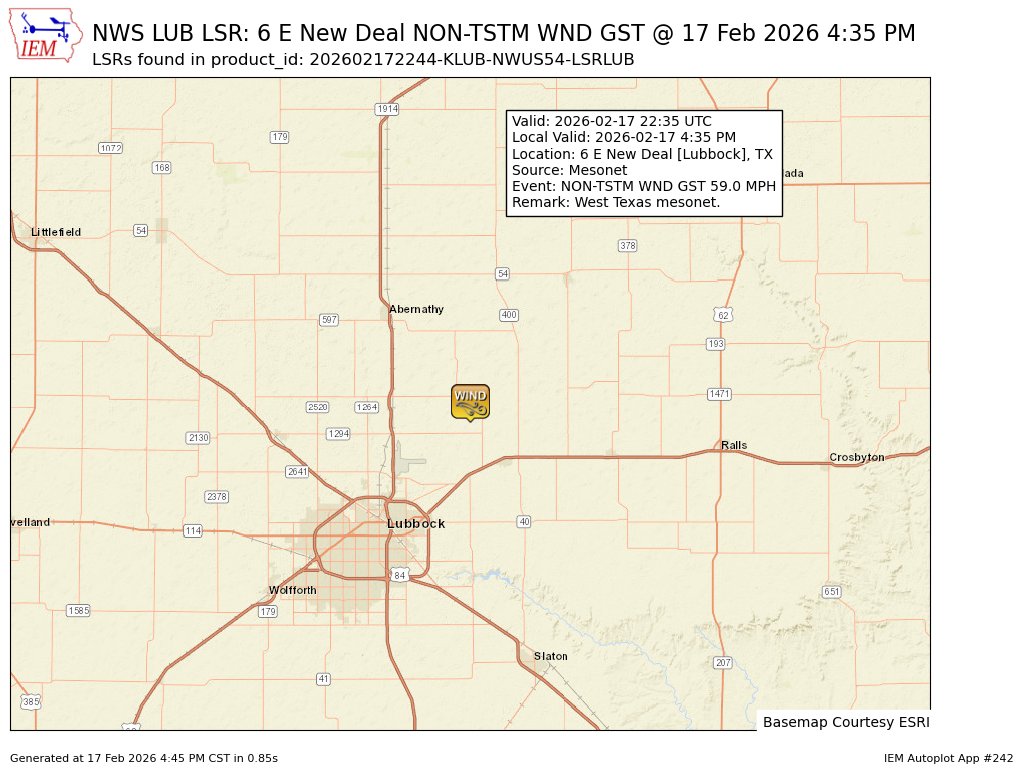 At 4:35 PM CST, 6 E New Deal [Lubbock Co, TX] Mesonet reports Non-Tstm Wnd Gst of M59 MPH. West Texas mesonet. #txwx mesonet.agron.iastate.edu/lsr/?by=wfo&wf…