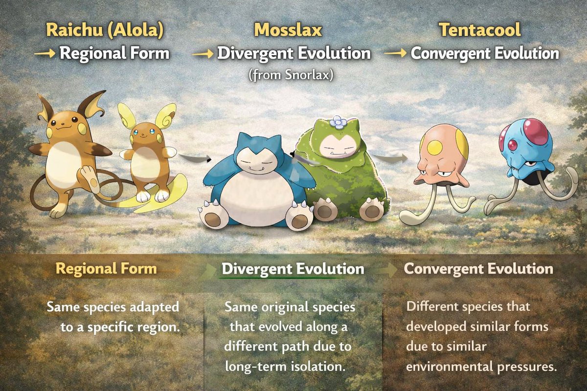 Light_88_'s tweet image. This is how will work my theory on the new Divergent Evolution.

Raichu (Alola) → Regional Form
Same species adapted to a specific region.

Mosslax → Divergent Evolution (from Snorlax)
Same original species that evolved along a different path due to long-term isolation.…