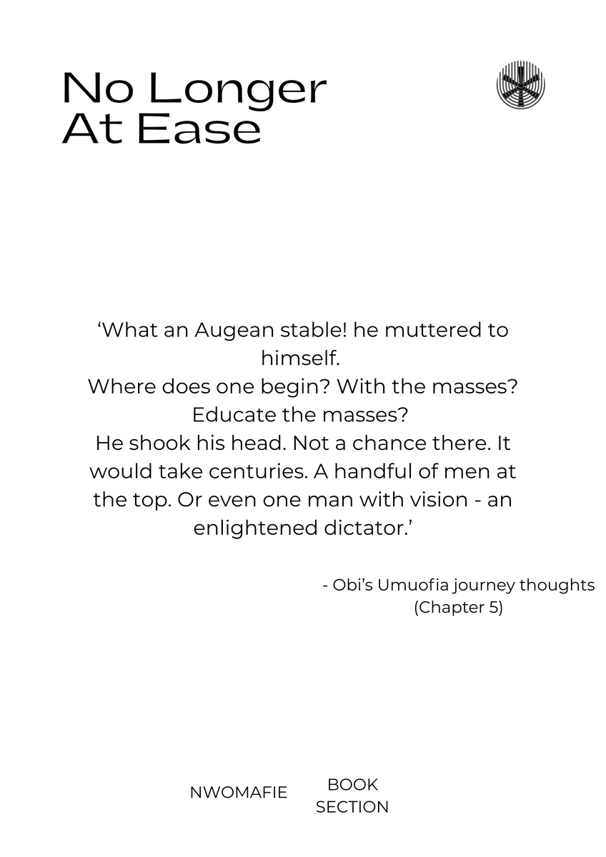 nwomafie's tweet photo. Some excerpts from Chapter Five to think about.
Chinua Achebe's No Longer At Ease is a great book! #readwide #Africa #WritingCommunity https://t.co/XqJlK7BfMf