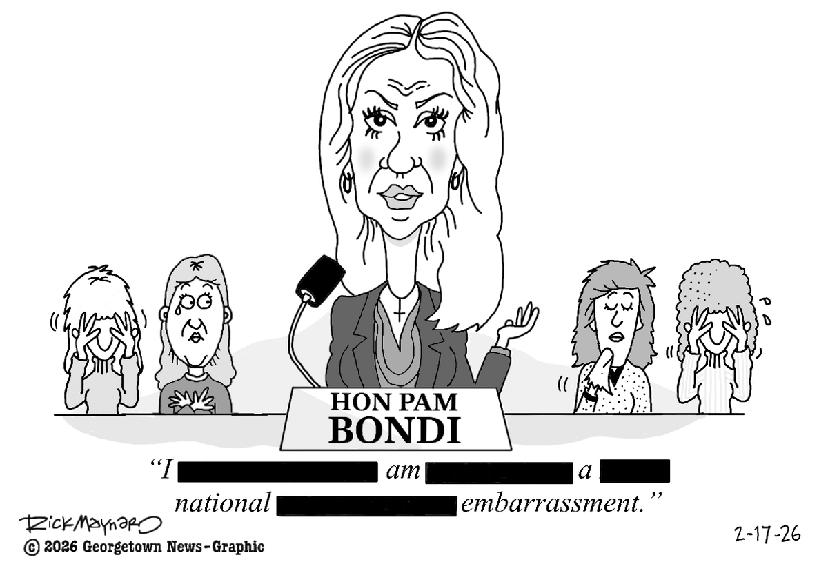2-17-26: Georgetown News-Graphic cartoon. #cartoon #politicalcartoon #editorialcartoon #PamBondi #Trump #TrumpAdministration #EpsteinFiles #JeffreyEpstein #Bondi #AttorneyGeneral #CongressionalHearing