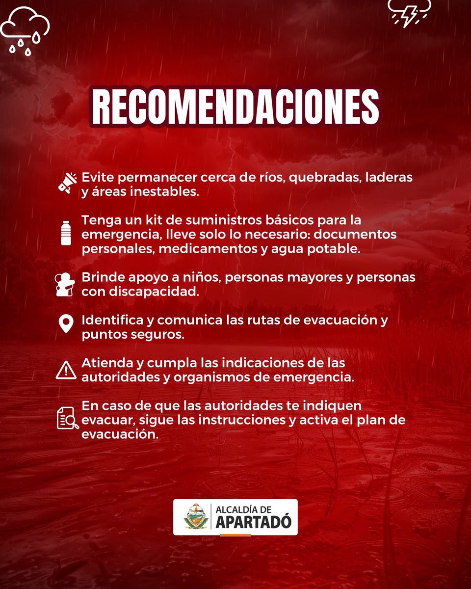 𝐀𝐭𝐞𝐧𝐜𝐢𝐨́𝐧 𝐜𝐨𝐦𝐮𝐧𝐢𝐝𝐚𝐝 🚨🌧️

Nos encontramos en alerta roja por lluvias.
Pedimos a todos estar atentos, evitar zonas de riesgo, no cruzar ríos ni quebradas crecidas y reportar cualquier emergencia a las autoridades.

Cuidémonos entre todos y prioricemos la vida. 🙏