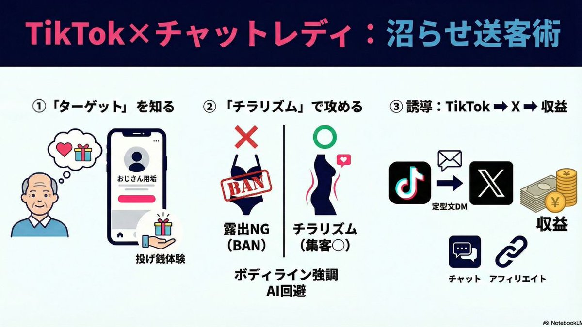 chatlady_circle's tweet photo. 📢Xキャンペーン開催（2/22💎20:00まで）

 『待機ゼロを実現！TikTok×Xを連携させた男性を沼らせる「チラリズム戦略」と「DM送客術」』
ノウハウ記事を📘有料マガジンに追加予定です！

その前に…👀
🎁 無料で欲しい方いますか？ 💕

📩 DMでプレゼントします✨
参加方法はこちら👇
✔ 歩き方公式をフォロー
✔ このポストをリポスト🔁
✔ コメントに 「❤」 をリプしてね💓

⏰締切り2/22 20:00です‼
#チャトレ　#メルレ