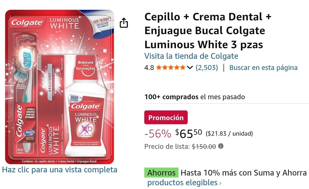 Amazon: Kit de Limpieza Bucal Colgate Luminous White, 3 piezas, Cepillo + Crema Dental + Enjuague Bucal - $65

amzn.to/4cuCneQ

Vendido y enviado por Amazon México.