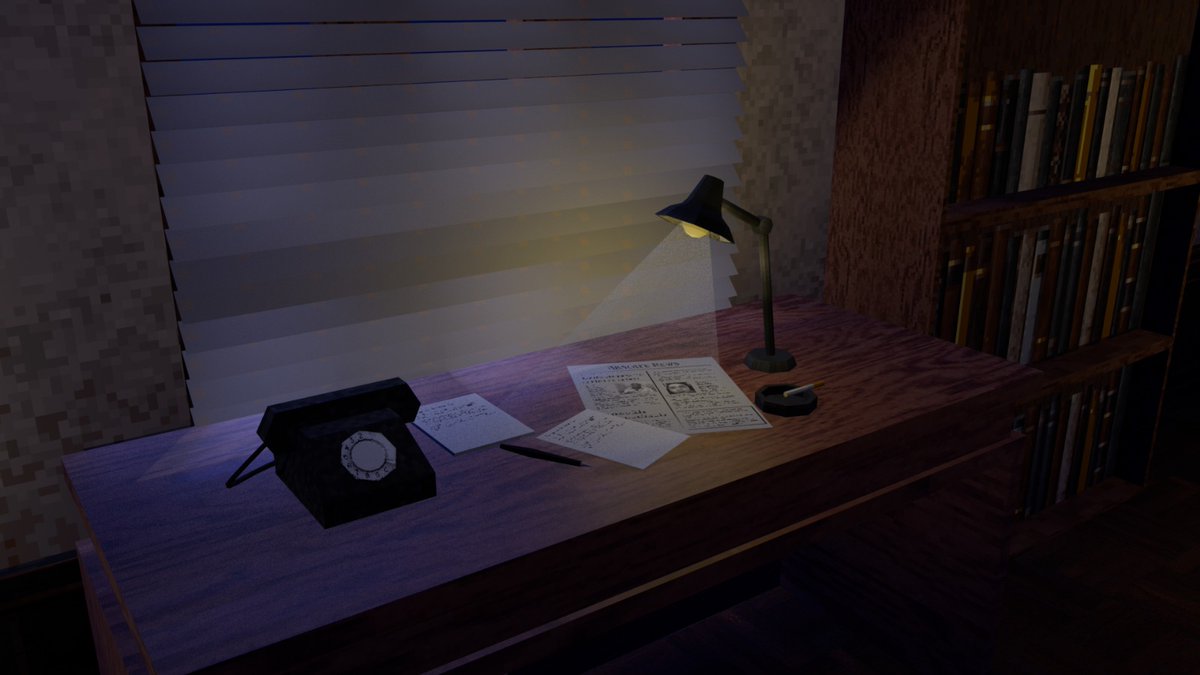 Lord_Kawa's tweet photo. Um escritório a noite. 

#blender #ps1style #lowpoly #gameart https://t.co/GAHCy45yaa