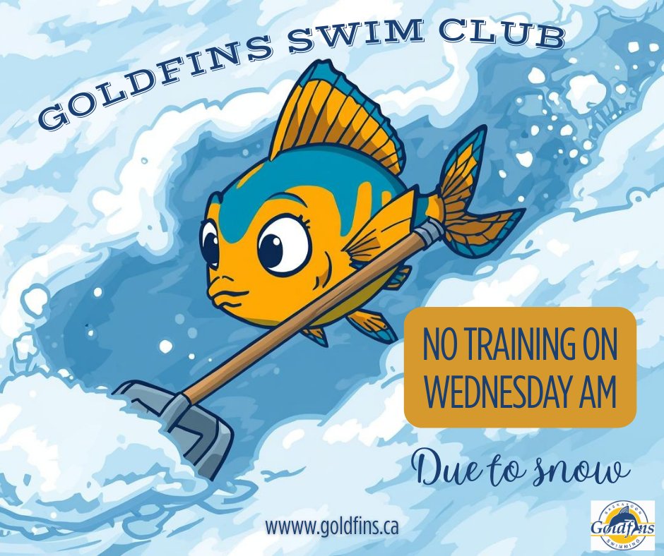 ❄️Goldfins, due to an impending snowstorm, Wednesday morning training on February 18, 2026, is canceled for safety. 🌨️ Stay tuned for updates on afternoon and evening sessions via email and social media.  🪄 💪

Stay safe, Goldfins!