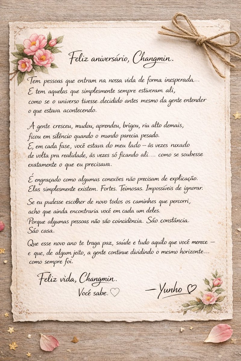 yunhoxvc's tweet photo. Feliz aniversário, Changmin.
Tem pessoas que entram na nossa vida de forma inesperada…
E tem aquelas que simplesmente sempre estiveram ali, como se o universo tivesse decidido antes mesmo da gente entender o que estava acontecendo {…}

@cassiopred ❤️‍🔥 https://t.co/gl4qzJ94OF