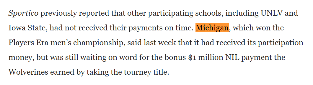 umhoops's tweet photo. Sportico reports that Michigan hasn't received its $1 million for winning The Players Era, just the participation portion. https://t.co/NDkxrv1UME