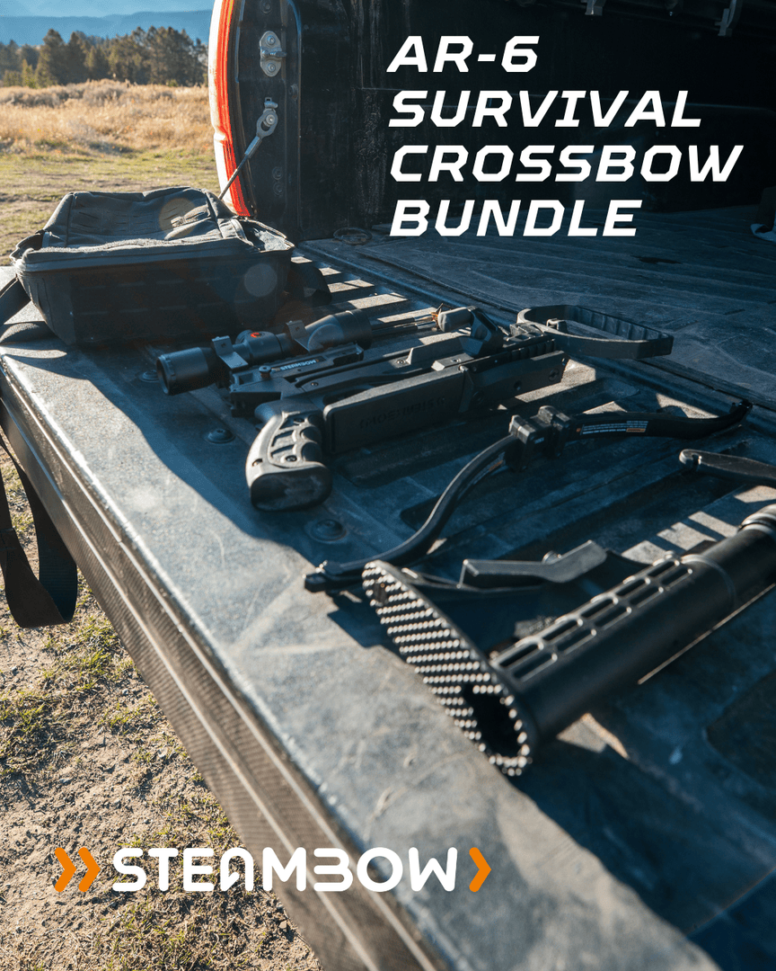 steambow's tweet photo. The AR-6 Survival Bundle comes standard with:
* 4x Scope - for distances up to 60 yards
* 150 lbs limb with 12" arrows
* K2 knife

It has everything you need with your crossbow for a hunting/survival situation. And, it is lightweight and fun to shoot.  https://t.co/BwEQ3BVNtL https://t.co/lU9yhIYc37