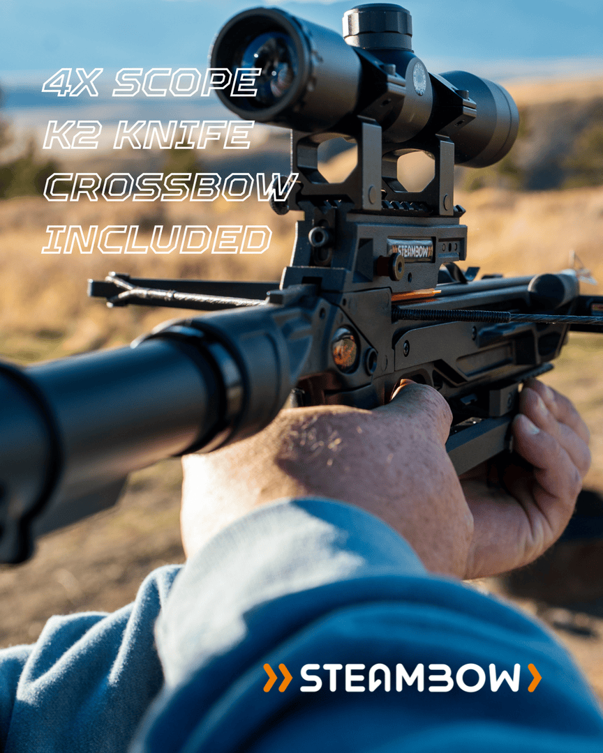 steambow's tweet photo. The AR-6 Survival Bundle comes standard with:
* 4x Scope - for distances up to 60 yards
* 150 lbs limb with 12" arrows
* K2 knife

It has everything you need with your crossbow for a hunting/survival situation. And, it is lightweight and fun to shoot.  https://t.co/BwEQ3BVNtL https://t.co/lU9yhIYc37