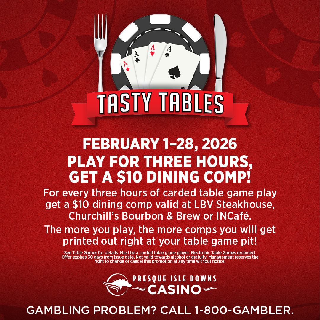 PID_Casino's tweet photo. 🎉 February Table Game Bonus! 🎉
Now until Feb 28: Earn 1 dining comp for every 3 hours of carded table game play in a single visit. Play, dine, and enjoy the perks! 🍽️🎲

Hours must be in one visit.
GAMBLING PROBLEM? CALL 1-800-GAMBLER
#TableGameRewards #DiningComp #FebruaryFun https://t.co/PK4M1l5MsJ