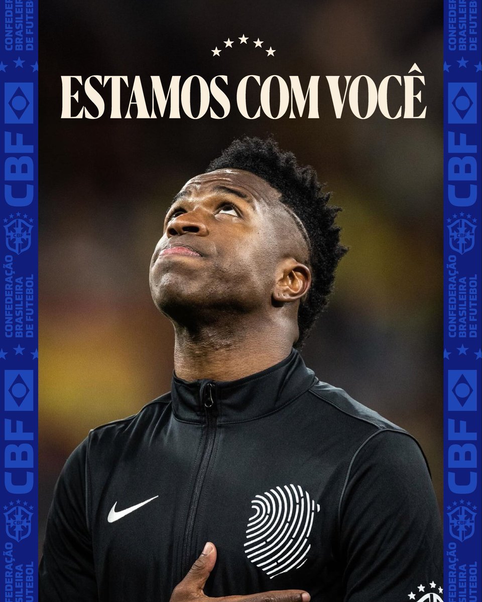 COMUNICADO DA CBF

— A CBF se solidariza com Vinícius Júnior, vítima de mais um ato de racismo nesta terça-feira, após marcar um gol pelo Real Madrid contra o Benfica em Lisboa.

O racismo é crime. É inaceitável. Não pode existir no futebol nem em lugar nenhum.

Vini, você não