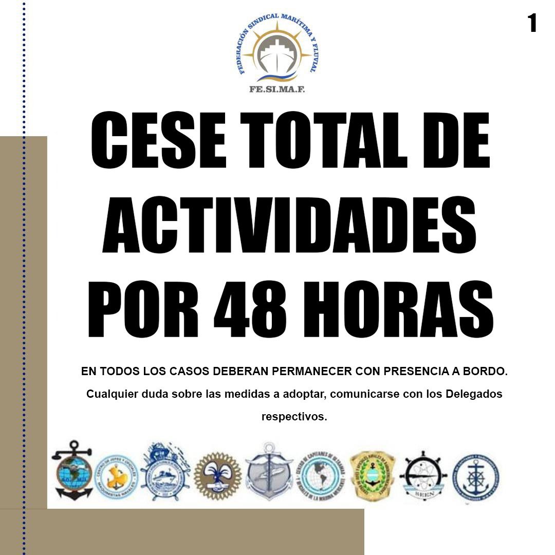SOLO EL PUEBLO SALVARÁ AL PUEBLO🇦🇷

Las organizaciones gremiales que integran la Federación Sindical Marítima y Fluvial han resuelto un cese total de actividades por 48 horas, desde las 0hs del miércoles 18 hasta las 24hs del jueves 19, en rechazo a la reforma laboral esclavista.