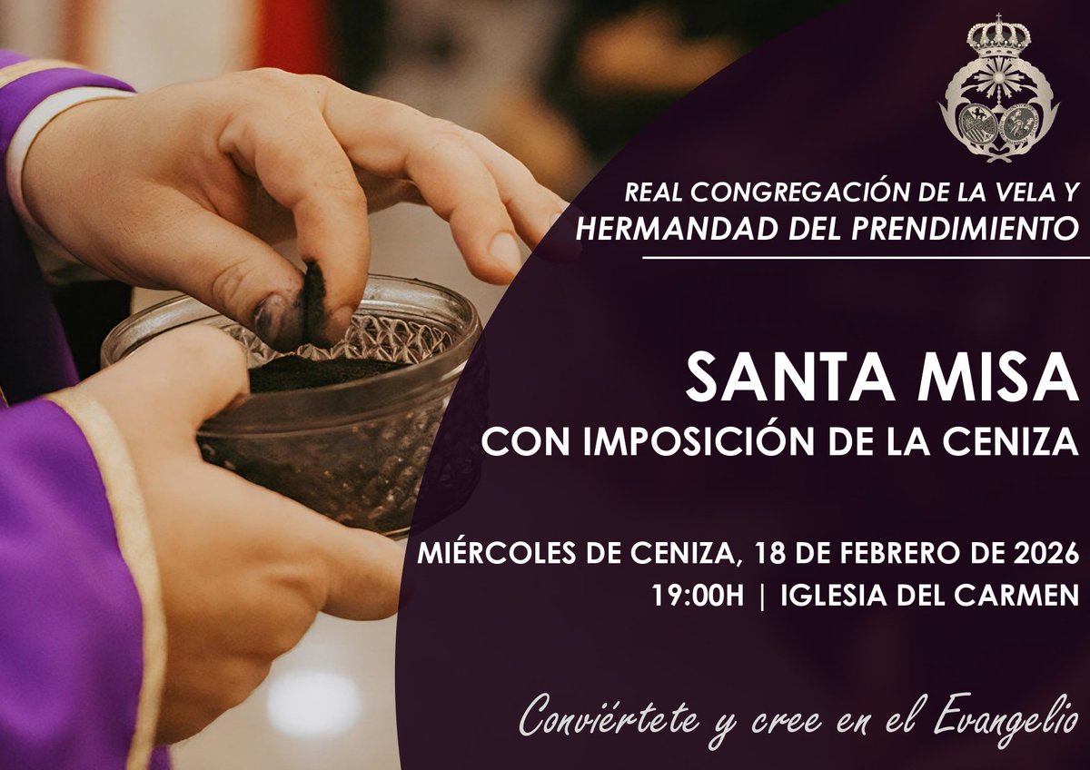 A las 19:00 horas, en la Iglesia del Carmen, Santa Misa con imposición de la Ceniza.