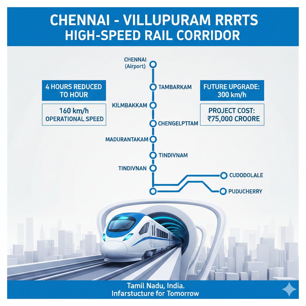 🚄 சென்னை–விழுப்புரம் RRTS வந்தால் 4 மணி நேர பயணம் வெறும் 1 மணி நேரம்!
160 கிமீ வேகம் | எதிர்காலத்தில் 300 கிமீ | இறுதி சாத்தியக்கூறு அறிக்கை பாலாஜி ரெயில்ரோடு சிஸ்டம்ஸ் தயாரித்துள்ளது. 
Chennai ➝ Viluppuram #RRTS #TamilNadu 🚆