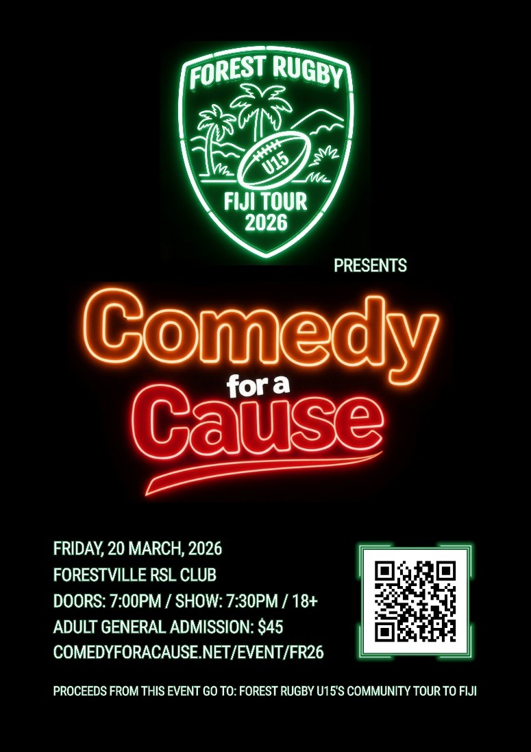 Ready for a night of laughs, good company, and community spirit?

Grab your friends and head to the Forestville RSL on Friday 20th March for the U15’s Fiji Tour Comedy Night!

Click here for details - mailchi.mp/d7d542a127e6/f…