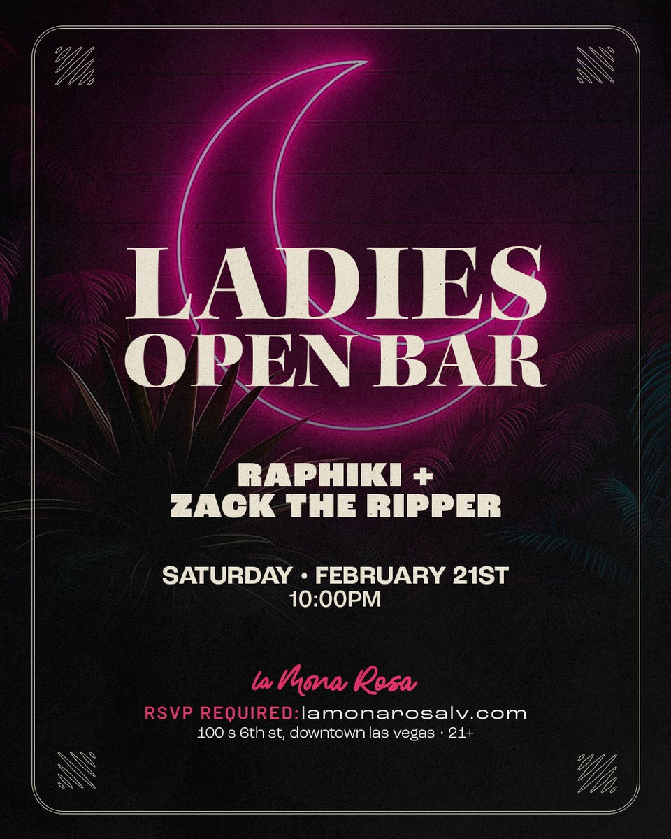 Ladies, enjoy an open bar all weekend long 🌙🍸

Fri 2/20: <a href="/djwizdumb/">Al Gore Riddim</a> + <a href="/shr3d/">SHR3D</a>
Sat 2/21: <a href="/zack_the_ripper/">Zack Shimek</a> + <a href="/thedjraphiki/">.</a>

📍 Downtown Las Vegas
✨ RSVP required at lamonarosalv.com