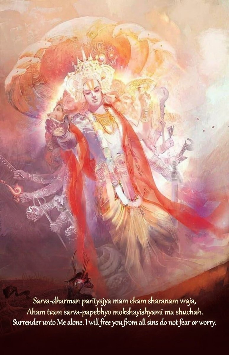 सर्वधर्मान्परित्यज्य मामेकं शरणं व्रज |
अहं त्वां सर्वपापेभ्यो मोक्षयिष्यामि मा शुच: || 

सभी प्रकार के धर्मों को त्यागकर केवल मेरी शरण में आओ। मैं तुम्हें सभी पापों के परिणामों से मुक्त कर दूँगा; भय मत करो।