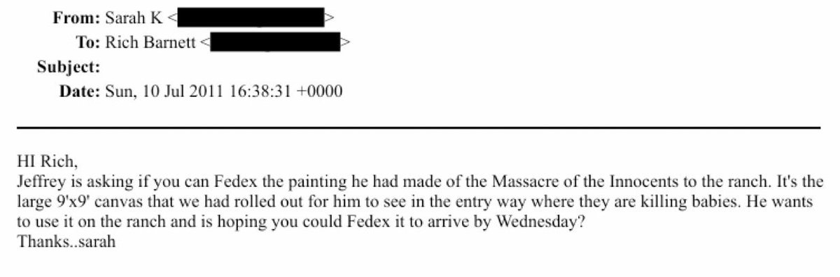 EpsteinDosyasi's tweet photo. Şimdiye kadarki en kötü Epstein e-postası:

"Merhaba Rich, Jeffrey, Masumların Katliamı'nı resmettiği tablosunu çiftliğe Fedex ile göndermeni rica ediyor. Bebeklerin öldürüldüğü sahneyi gösteren, giriş yoluna serdiğimiz büyük, 2,7 x 2,7 metrelik tuvalden bahsediyor. Tabloyu çiftlikte kullanmak istiyor ve Çarşamba gününe kadar Fedex ile ulaşmasını umuyor."

Teşekkürler Sarah..