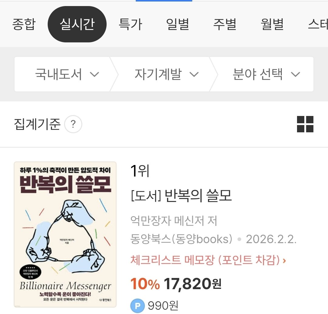 superwriter123's tweet photo. 잠시 아침에 예스24를 접속했다.
자기계발 실시간 1위였다.
응?

한 번씩 이렇게 입소문이 나서
사는 건가? 싶기도 하고.
넘 감사하다🫶 https://t.co/FFo1u6af8D