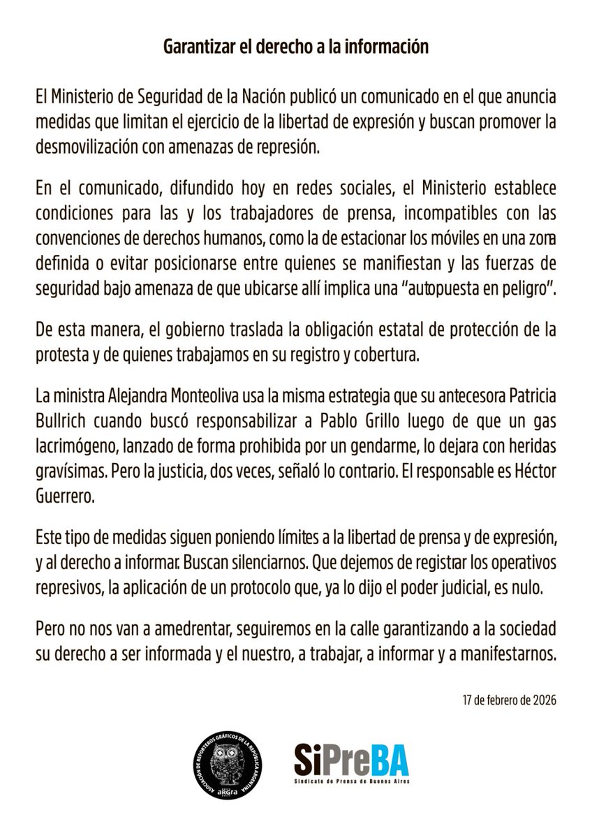 El comunicado del <a href="/MinSeguridad_Ar/">Ministerio de Seguridad Nacional</a> sobre el operativo policial por la reforma laboral busca SILENCIAR el trabajo periodístico.

La respuesta de <a href="/sipreba/">SiPreBA - Sindicato de Prensa de Buenos Aires</a> y <a href="/aRGra_/">aRGra</a>