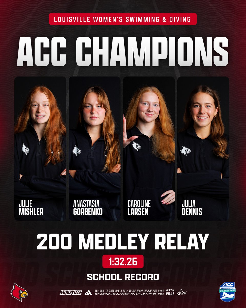 ACC CHAMPS 🏆

Julie Mishler, Anastasia Gorbenko, Caroline Larsen, and Julia Dennis smash the women’s 200 medley relay school record with a time of 1:32.26 to claim the ACC title ‼️

#GoCards