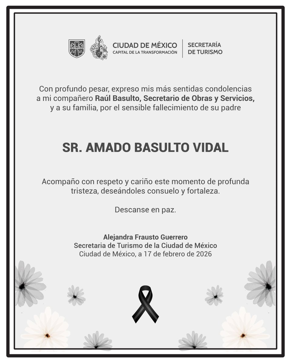 alefrausto's tweet photo. Con profundo pesar, envío todo mi cariño y condolencias a mi compañero Raúl Basulto y a su familia por el sensible fallecimiento de su padre, el Sr. Amado Basulto Vidal.

Acompaño su dolor con respeto, cariño y solidaridad.
Descanse en paz. 🕊️ https://t.co/TaSzppSYNM