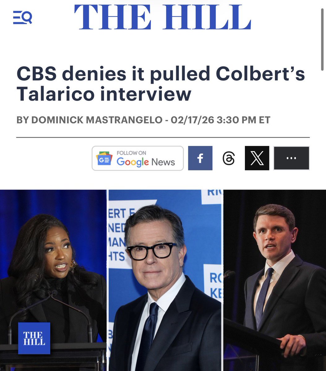 bennyjohnson's tweet photo. UPDATE: CBS just threw Stephen Colbert under the bus and says he LIED when he said the network spiked his interview with James Talarico:

“The Late Show was not prohibited by CBS from broadcasting the interview with Rep. James Talarico. The show was provided legal guidance that the broadcast could trigger the FCC equal-time rule for two other candidates, including Rep. Jasmine Crockett, and presented options for how the equal time for other candidates could be fulfilled. The Late Show decided to present the interview through its YouTube channel with on-air promotion on the broadcast rather than potentially providing the equal-time options.”