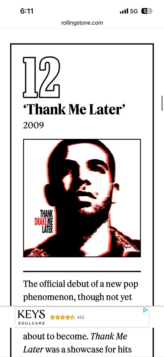 I think I found a worse take than Pitchfork had on Utopia…

Rolling Stone ranked Thank Me Later as Drake’s 12th best album 😭