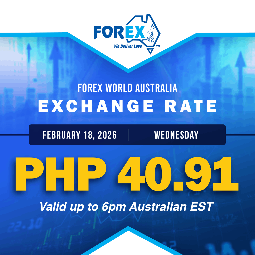 Forex World Australia Exchange Rate February 18, 2026 (Wednesday) is PHP 40.91 valid up to 6pm Australian EST.
tinyurl.com/4mxwp8ku