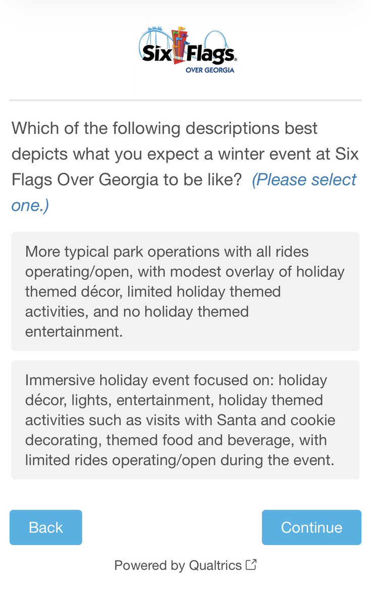 Exciting Survey about holiday in the Park for Six Flags Over Georgia. Included a question about would I visit in 2026 if HitP came back? Tough choice in this survey question but I feel I’d prefer a more typical park operation with modest theming.