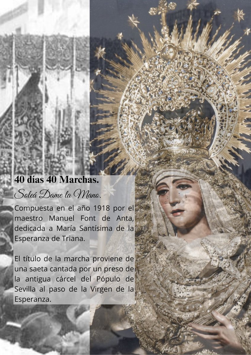 40 días, 40 marchas hasta Semana Santa. 
Por segundo año, continuamos con esta sección y lo hacemos con unas de las marchas más emblemáticas de la Semana Santa, como es Soleá Dame la Mano del maestro Manuel Font de Anta compuesta en el año 1918. 

youtu.be/jEE4iPYJBDk?si…
