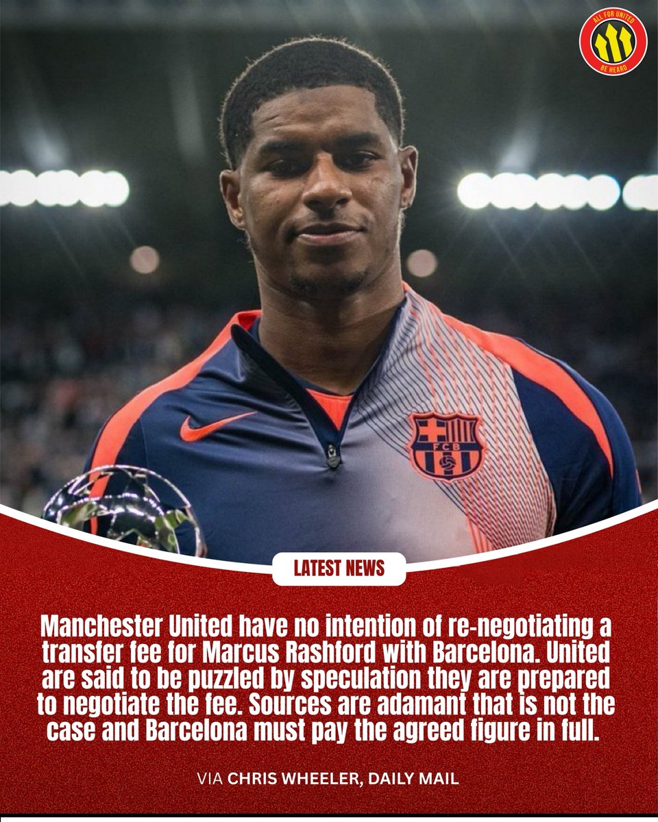 🚨🆕 As reported by <a href="/ChrisWheelerDM/">Chris Wheeler</a>, Manchester United have no intention of re-negotiating a transfer fee for Marcus Rashford with Barcelona. ❌

United are said to be puzzled by speculation that they are prepared to negotiate the fee. Sources are adamant that is not the case and