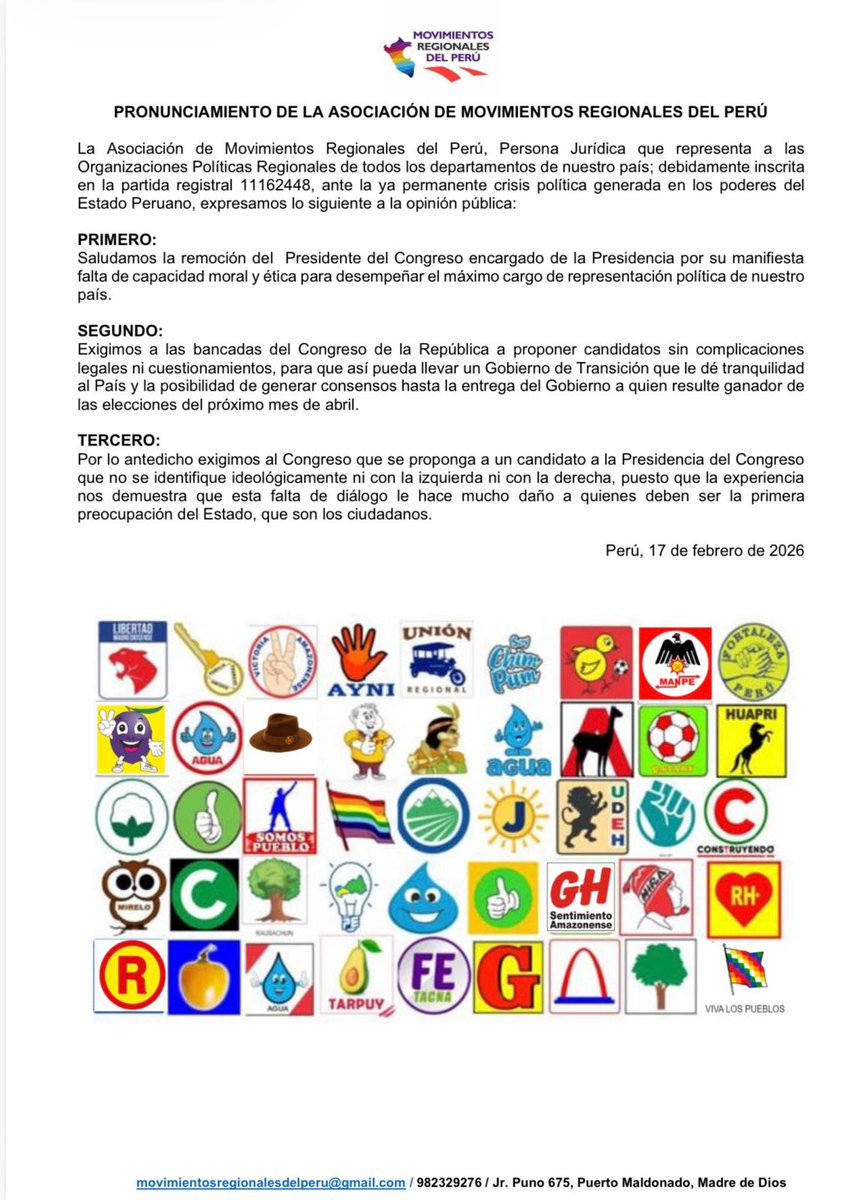 MovRegionales's tweet photo. Movimientos Regionales exigen al .@congresoperu un nuevo Presidente sin apego ni a la derecha ni a la izquierda.
@RPP @exitosape https://t.co/HGjfPMoNAa