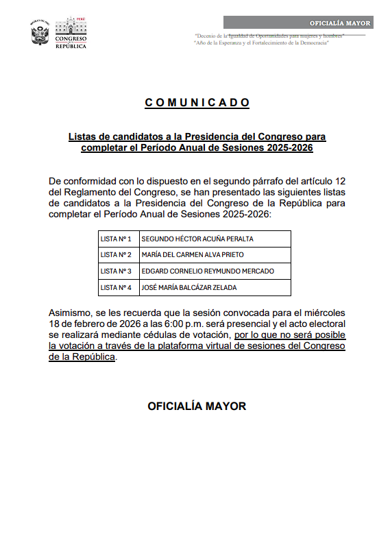 ErikRivera__'s tweet photo. #URGENTE Oficialía Mayor oficializa a cuatro candidatos para la Mesa Directiva y reemplazar al censurado presidente de la República José Jerí: Segundo Acuña, María Del Carmen Alva, Edgard Reymundo y José Balcázar. @Politica_ECpe https://t.co/pEwmgkE6dP