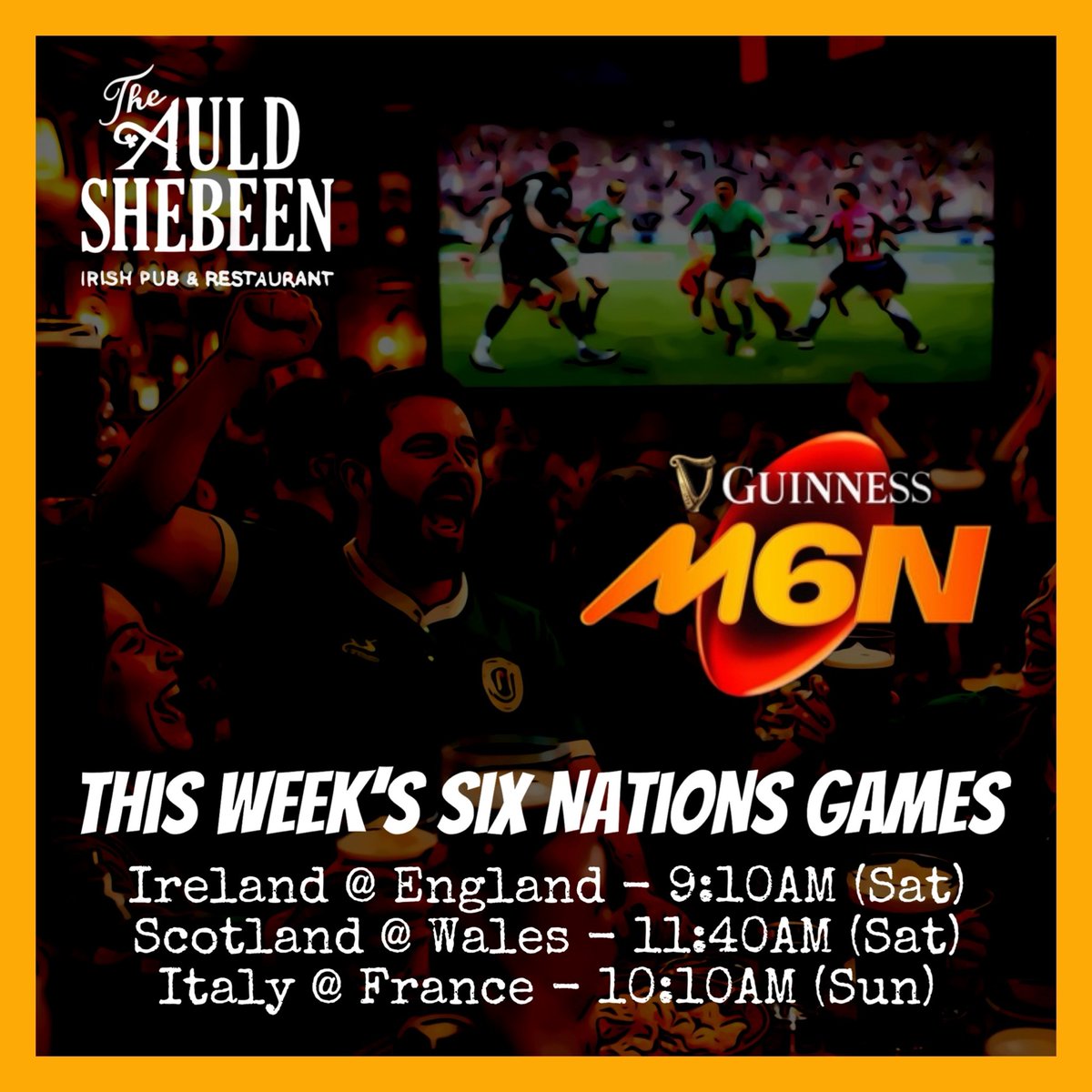 Catch this week's Six nations games at the pub, especially the big one England Vs Ireland Saturday at 9.10am, doors open at 9am. COYBIG