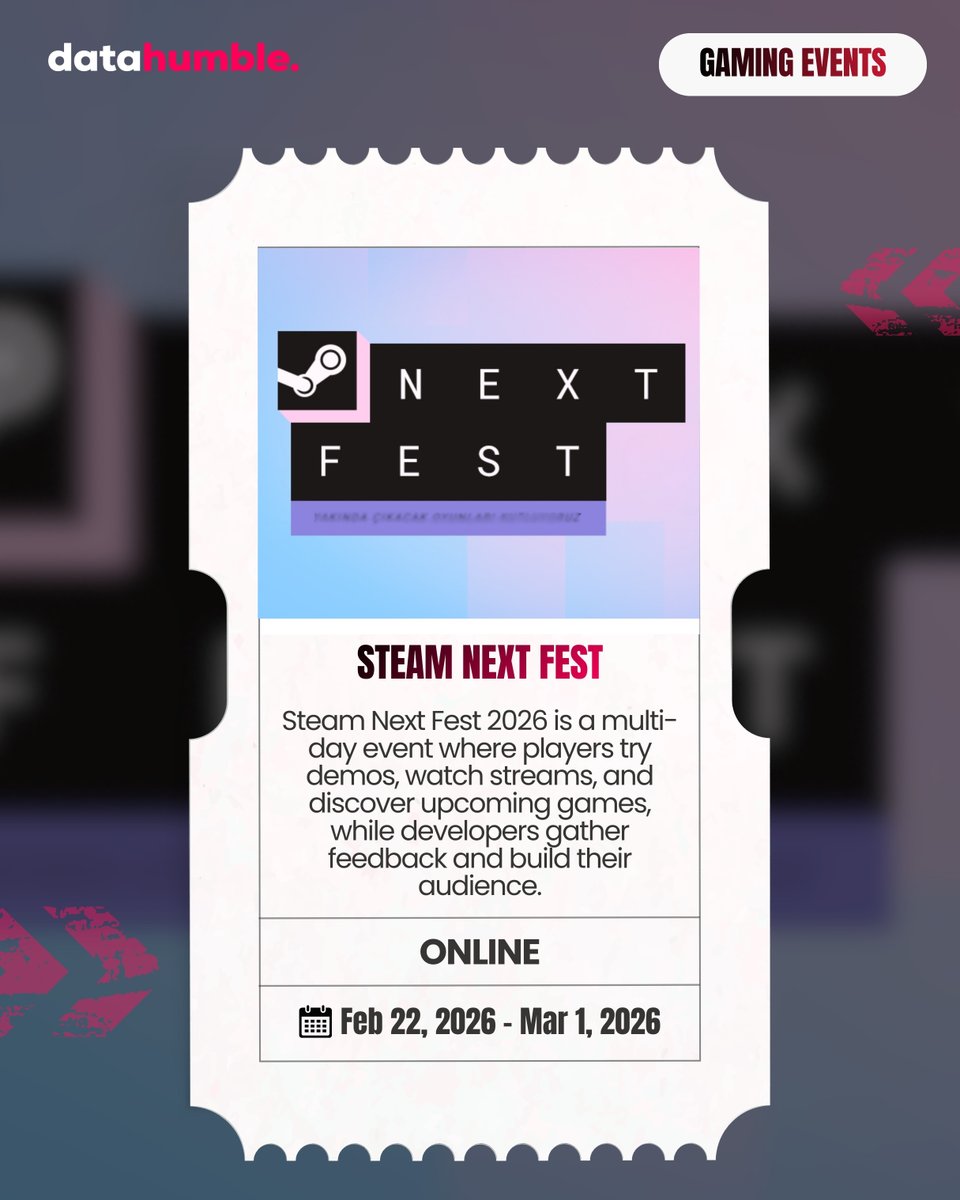 datahumblecom's tweet photo. 5๏ธโฃ Steam Next Fest (Feb 2026)
Steam Next Fest is back.
Demos drop. Wishlists move. Feedback flows.
One of the most important weeks for upcoming titles.
#Datahumble #SteamNextFest #PCGaming #Steam https://t.co/55lgVoyY7q