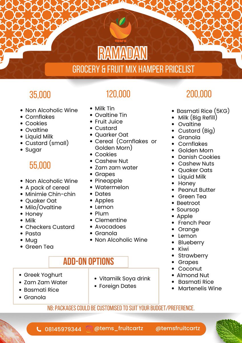 temsfruitcartz's tweet photo. Our Ramadan Hamper Pricelist is officially out 🌙✨
If you’re searching for Ramadan hampers in ABUJA, fresh fruit hampers, grocery hampers or a fruit and grocery mix package for Ramadan, you’re in the right place.

💰 Packages start from ₦25,000
📦 Bulk orders available https://t.co/nSOvSAumYx
