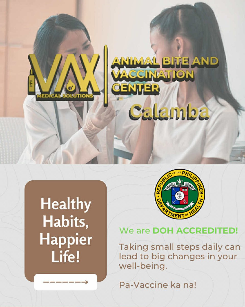 ivaxcalamba's tweet photo. 📍 iVax Medical Solution | Animal Bite and Vaccination Center – Calamba Branch  
Address: 378 National Highway, Brgy. Bucal, Calamba, Laguna  
🕖 Open DAILY: Monday to Sunday — 7:00 AM to 11:00 PM  

📞 Globe: 0906-250-9170  
📞 Smart: 0928-282-8449  
☎️ PLDT: (049) 550-4063 https://t.co/QfrKWx6cI6