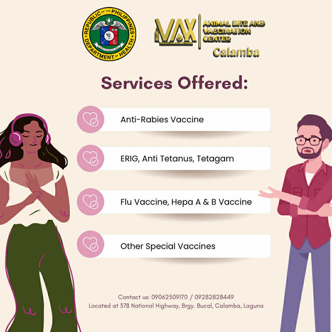 ivaxcalamba's tweet photo. 📍 iVax Medical Solution | Animal Bite and Vaccination Center – Calamba Branch  
Address: 378 National Highway, Brgy. Bucal, Calamba, Laguna  
🕖 Open DAILY: Monday to Sunday — 7:00 AM to 11:00 PM  

📞 Globe: 0906-250-9170  
📞 Smart: 0928-282-8449  
☎️ PLDT: (049) 550-4063 https://t.co/QfrKWx6cI6