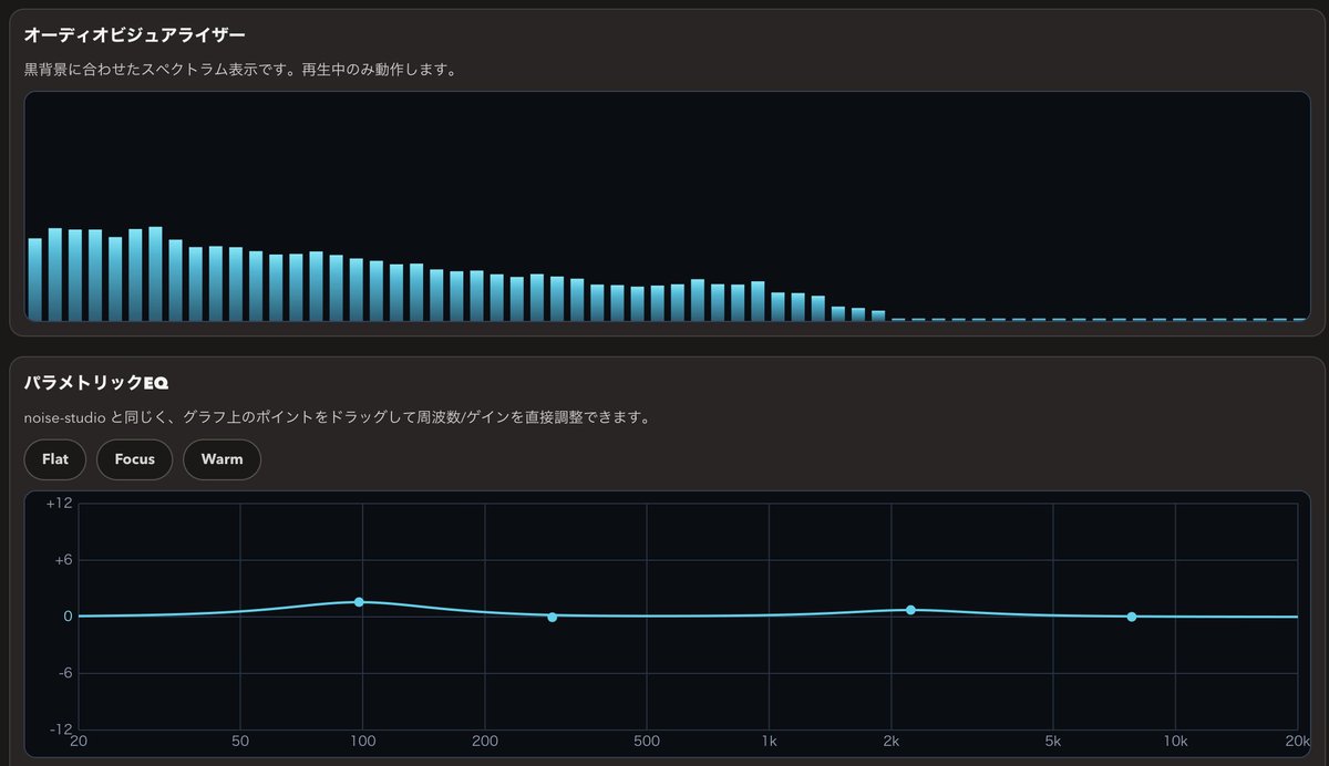 weva_cloud's tweet photo. AMBIENT SOUNDS

  🌧️ 環境音を重ねて作る、集中・リラックス用ミキサー
  🎚️ パラメトリックEQ + リバーブで音の質感を調整
  ➕ 音源を自分で追加可能

  #Webアプリ開発100日チャレンジ (87日目) 
  #環境音 #作業用BGM #集中力アップ #リラックス #WebAudio https://t.co/DDL2EERPqe