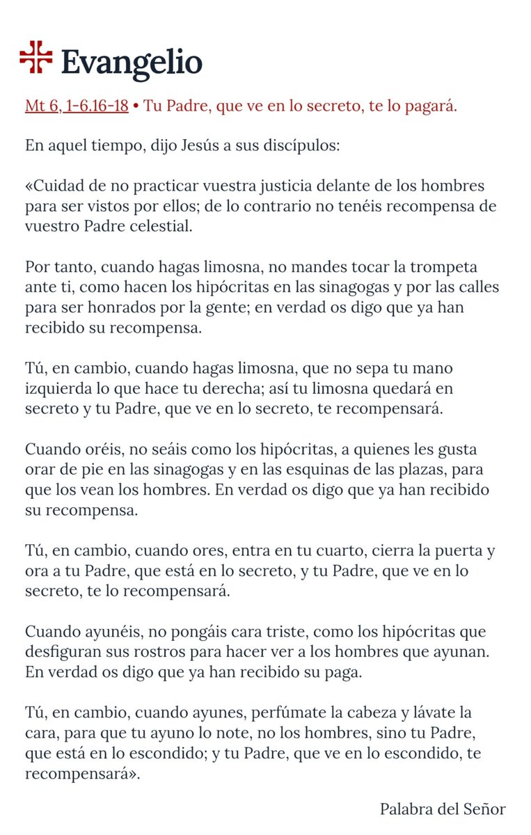 #EVANGELIODELDÍA 📖 |

➕ Comenzamos la Santa Cuaresma en este año del Señor, disponiendonos a vivirla con sus tres columnas fundamentales: la oración, el ayuno y la limosna.

📄 Mensaje del Papa para la Cuaresma 2026: press.vatican.va/content/salast…

#EstrelladelaMañana⭐