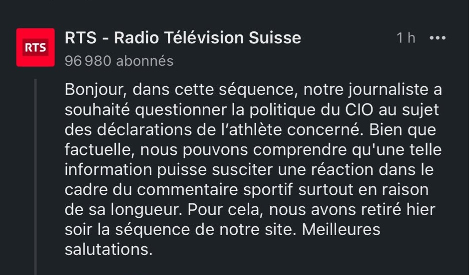 Das Schweizer Fernsehen behauptet, dass die Angaben seines Aktivisten von der Sportredaktion Fakten seien.

"Bien que factuelle" bedeutet "Obwohl es den Fakten entspricht".

Der Aktivist warf Israel Völkermord vor. 

Eine juristisch völlig unhaltbare Auffassung, die allerdings