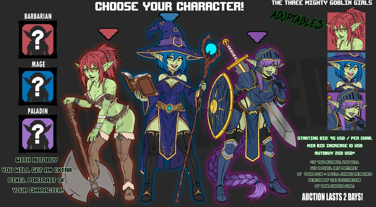 An adventure awaits! These three goblin adventurers are looking for a place to stay! 🪓🪄🛡️ I'm setting this auction for an emergency! Any retweet or difussion will be greatly appreciated! Link Below in commments!