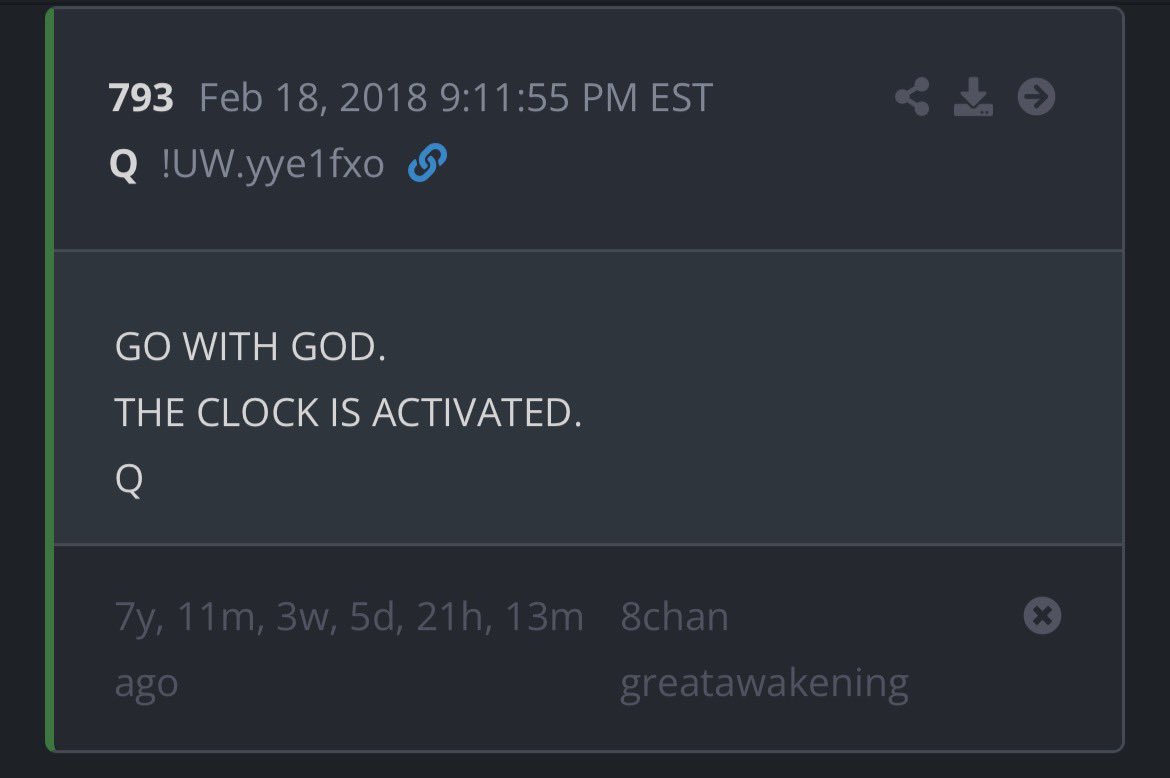 Tomorrow’s delta. Feb 18

GO WITH GOD.
THE CLOCK IS ACTIVATED.
Q