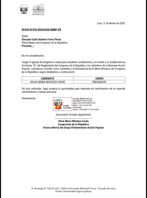 PeruvianNewPost's tweet photo. La congresista Silvia Monteza Facho (Acción Popular) solicitó formalmente su inscripción como candidata a la Presidencia de la Mesa Directiva del Congreso. La aspiración no procedió debido a que la candidatura de María del Carmen Alva ya había sido presentada previamente. https://t.co/ybQU8EroIT