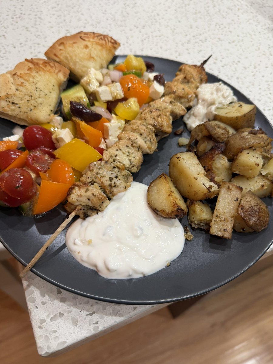 Made chicken souvlaki with Greek salad and Lemon potatoes. Was so good definitely making this again with two types of tzatziki