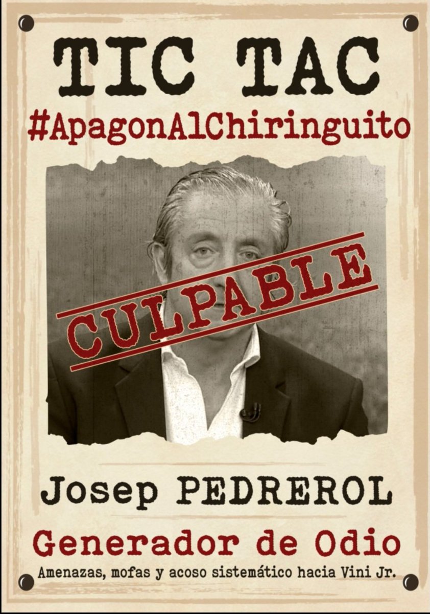 #ChiringuitoVinicius
<a href="/jpedrerol/">Josep Pedrerol</a> 🗣️ estoy con Vini apoyo a Vini
10 min después,mauriño;vinicius jr provoca a la grada.
15 min después.<a href="/jpedrerol/">Josep Pedrerol</a>  vinicius jr es el que provoca.

En fin más de lo mismo con este programa de televisión.con el acoso
 
<a href="/jpedrerol/">Josep Pedrerol</a> contigo empezó todo