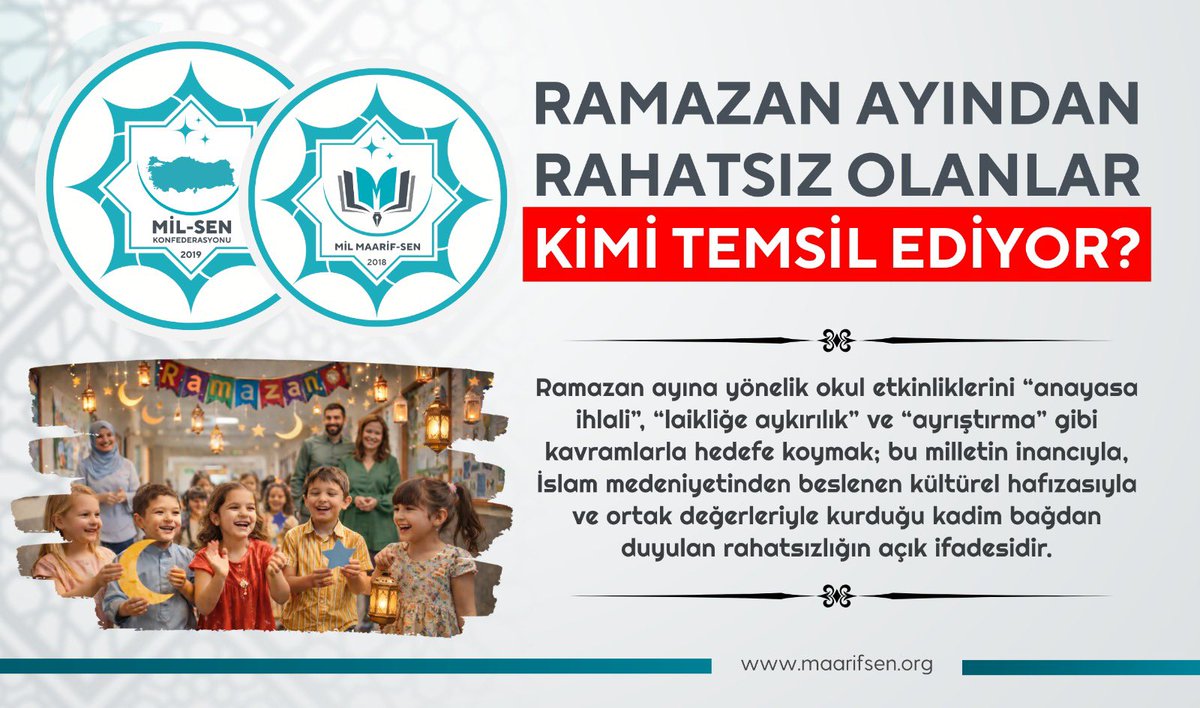 RAMAZAN AYINDAN RAHATSIZ OLANLAR KİMİ TEMSİL EDİYOR?

Ramazan’ın okullarda kültürel ve ahlaki bir değer olarak ele alınmasını “anayasa ihlali”, “laikliğe aykırılık” ve “ayrıştırma” gibi kavramlarla hedefe koyan anlayışa karşı sözümüz nettir.

Ramazan; bu toplumun vicdanıdır.