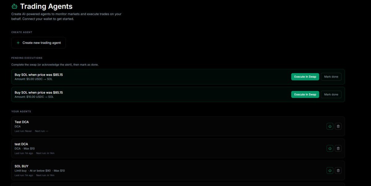 We’ve been building our Trading Agents behind the scenes.

These agents continuously monitor market conditions and notify you when your predefined criteria are met. Execution remains fully in your control.

Once alerted, you can complete the trade using our zk-proof powered