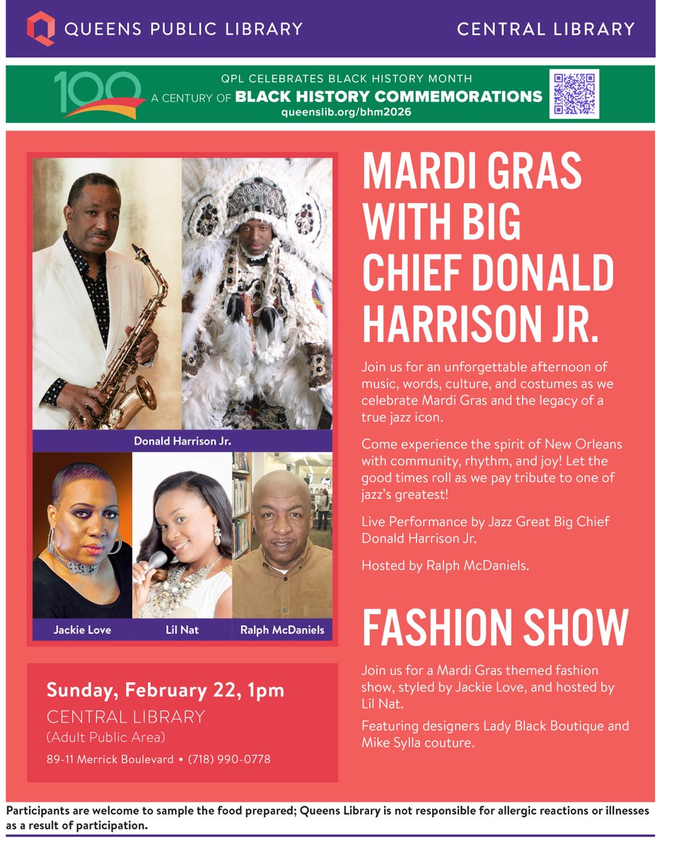 QPLNYC's tweet image. We hope you're having a wonderful #MardiGras!
Celebrate with us, #QPLHipHop Coordinator @VideoMusicBox, and New Orleans legend Big Chief Donald Harrison Jr. at Central Library on Sunday, February 22 at 1PM!
queenslibrary.org/calendar/black…
#BlackHistoryMonth
